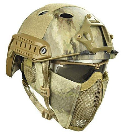 Jadedragon PJ Tactical Fast Helmet + Protect Ear Foldable Double Straps Half Face Mesh Mask + Goggle A TACS-AU | KNAMAO.