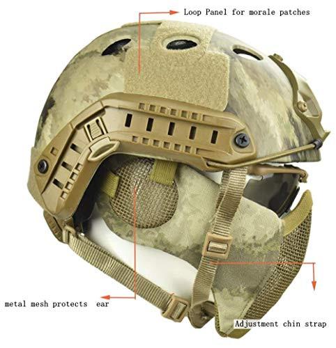 Jadedragon PJ Tactical Fast Helmet + Protect Ear Foldable Double Straps Half Face Mesh Mask + Goggle A TACS-AU | KNAMAO.
