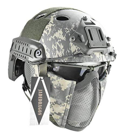 Jadedragon PJ Tactical Fast Helmet + Protect Ear Foldable Double Straps Half Face Mesh Mask + Goggle ACU | KNAMAO.