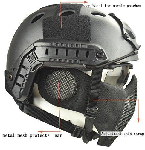 Jadedragon PJ Tactical Fast Helmet + Protect Ear Foldable Double Straps Half Face Mesh Mask + Goggle Black | KNAMAO.