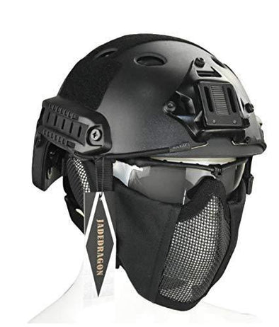 Jadedragon PJ Tactical Fast Helmet + Protect Ear Foldable Double Straps Half Face Mesh Mask + Goggle Black | KNAMAO.