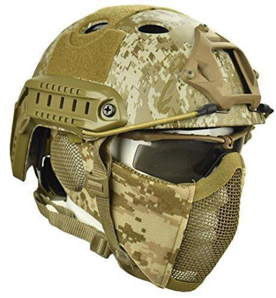 Jadedragon PJ Tactical Fast Helmet + Protect Ear Foldable Double Straps Half Face Mesh Mask + Goggle Desert Digital | KNAMAO.