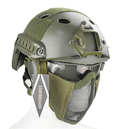 Jadedragon PJ Tactical Fast Helmet + Protect Ear Foldable Double Straps Half Face Mesh Mask + Goggle Green | KNAMAO.