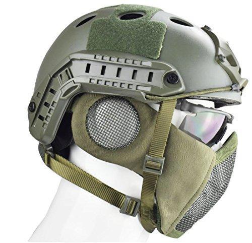 Jadedragon PJ Tactical Fast Helmet + Protect Ear Foldable Double Straps Half Face Mesh Mask + Goggle Green | KNAMAO.