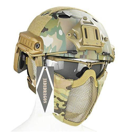 Jadedragon PJ Tactical Fast Helmet + Protect Ear Foldable Double Straps Half Face Mesh Mask + Goggle Multicam | KNAMAO.